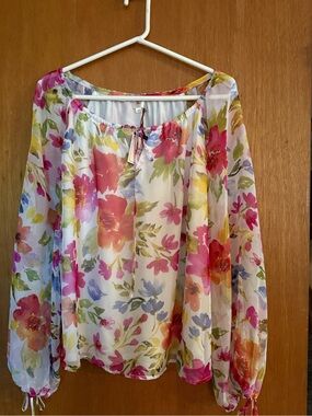 Sheer Floral Tie-Neck Blouse in Pink Multi
